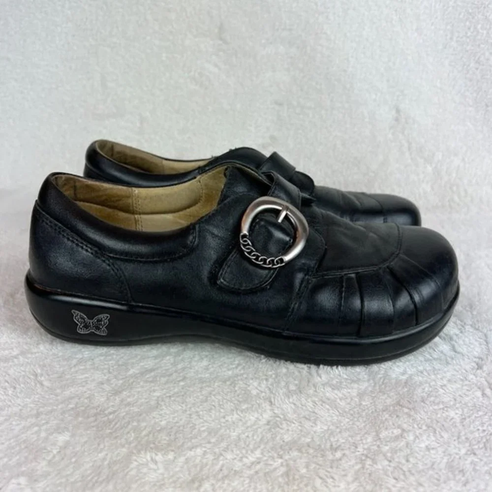 Alegria Leather Shoes‎ 9/9.5 Womens 39 EU Khloe Black Nappa Buckle Wedge